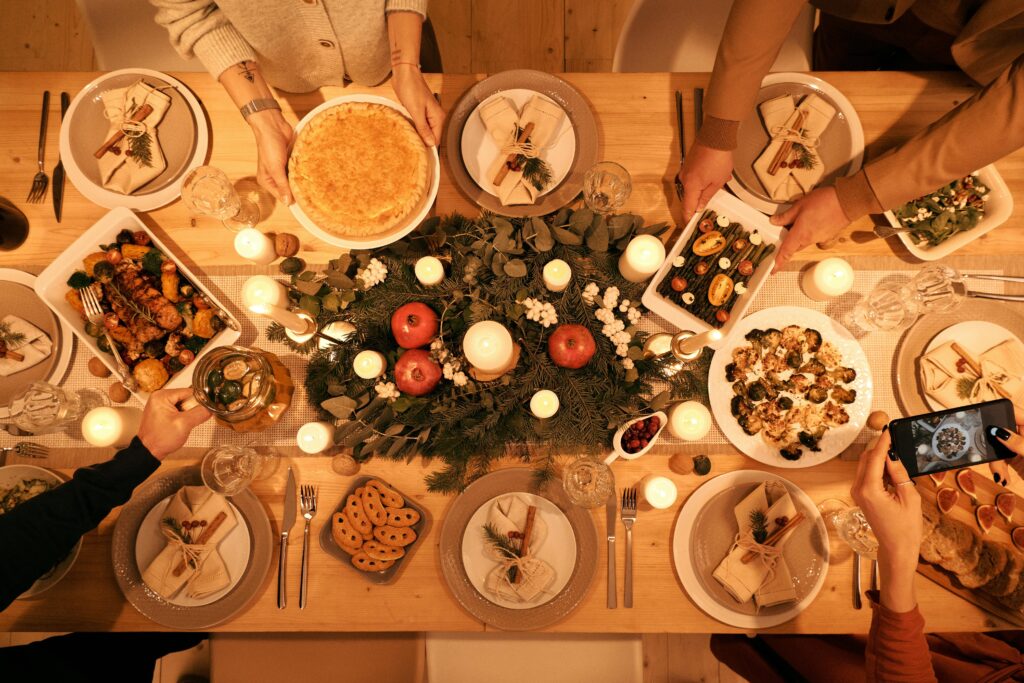 Overhead Shot of a family enjoying holiday dinner